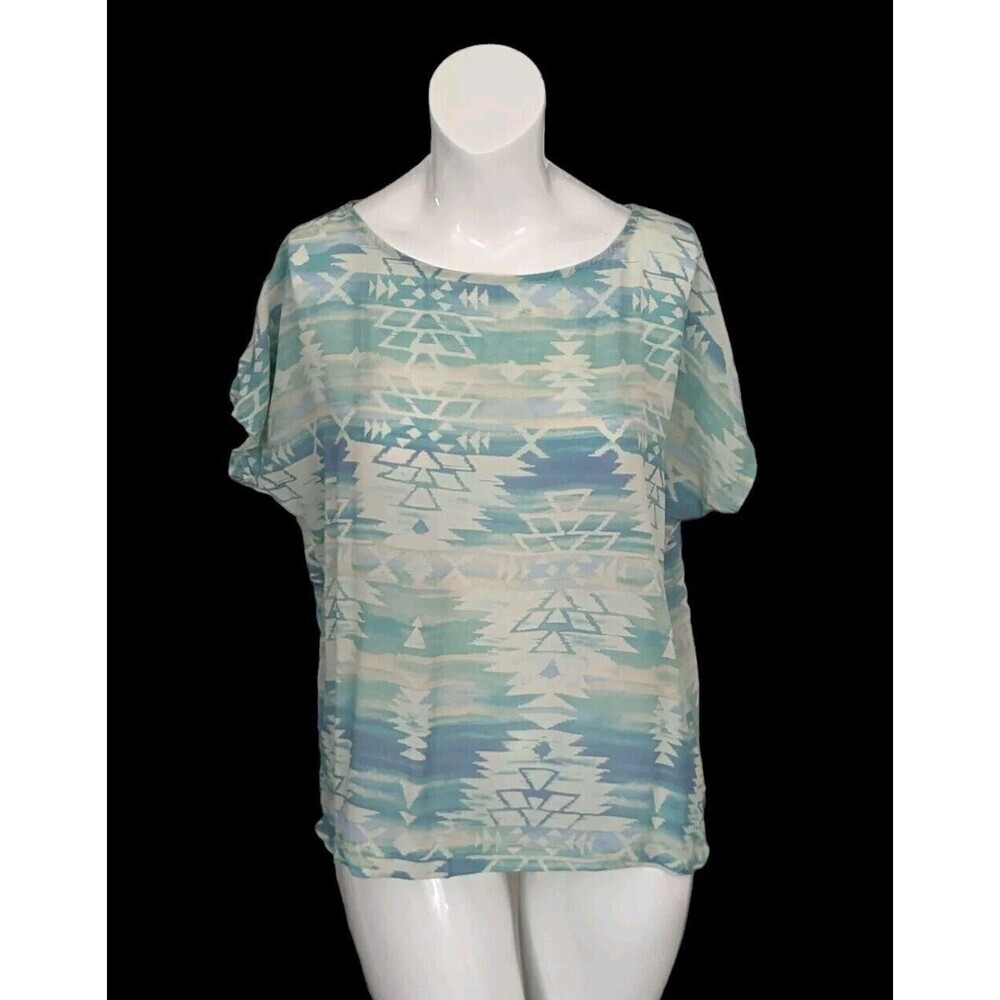 FAHERTY Womens Silk Aztec Print T Shirt  Small Cream Blue Tribal Top Blouse Sz M